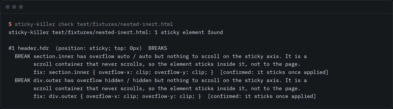 Terminal output of sticky-killer naming two ancestors that stop a header from sticking, with a CSS fix for each.